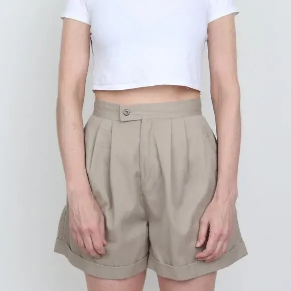 Vintage 1980s Pleated Khaki High Waist Wide Leg Shorts S - Picture 2 of 7